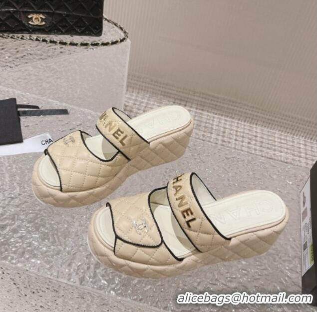 Best Product Chanel Quilted Leather Platform Slide Sandals 7cm Beige 524129