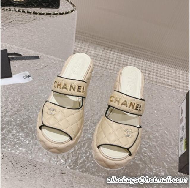 Best Product Chanel Quilted Leather Platform Slide Sandals 7cm Beige 524129