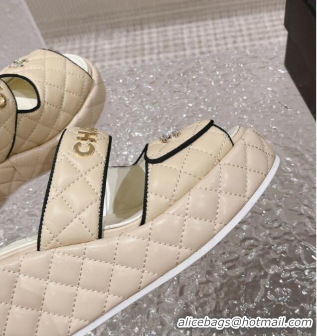 Best Product Chanel Quilted Leather Platform Slide Sandals 7cm Beige 524129