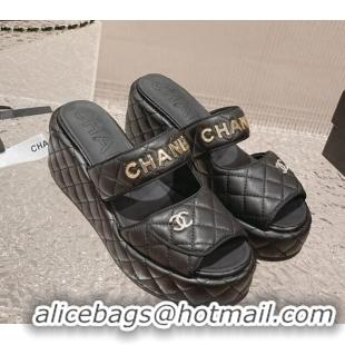 Good Quality Chanel Quilted Leather Platform Slide Sandals 7cm Black 524130