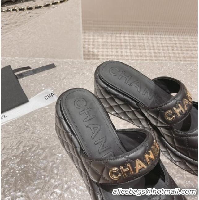 Good Quality Chanel Quilted Leather Platform Slide Sandals 7cm Black 524130