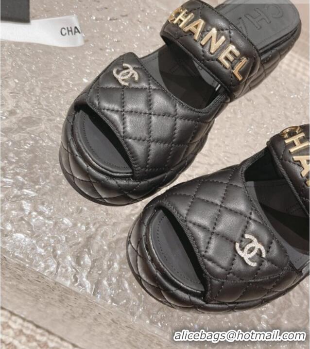 Good Quality Chanel Quilted Leather Platform Slide Sandals 7cm Black 524130