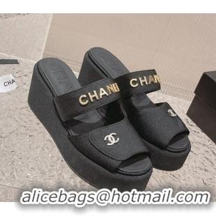 Top Grade Chanel Grosgrain Platform Slide Sandals 7cm Black 524131