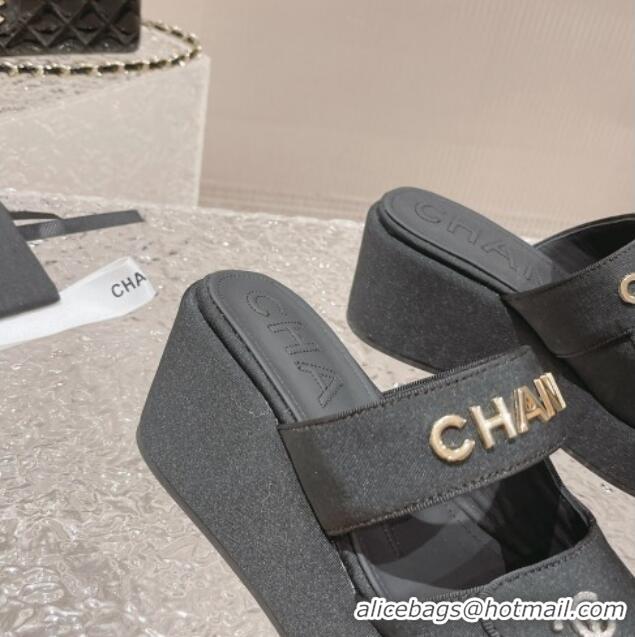 Top Grade Chanel Grosgrain Platform Slide Sandals 7cm Black 524131