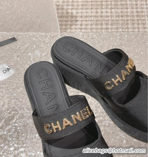 Top Grade Chanel Grosgrain Platform Slide Sandals 7cm Black 524131