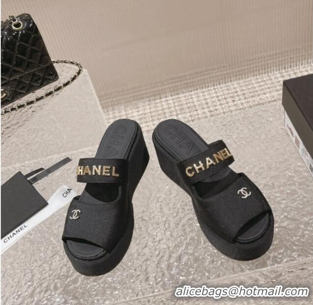 Top Grade Chanel Grosgrain Platform Slide Sandals 7cm Black 524131