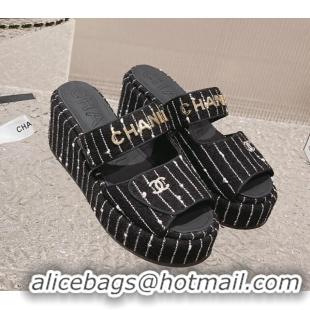 Durable Chanel Striped Tweed Platform Slide Sandals 7cm Black/White 524132