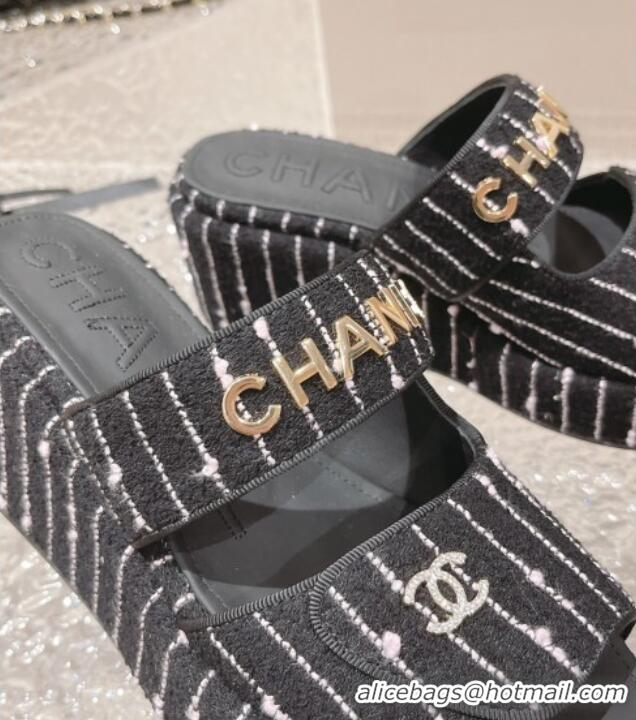 Durable Chanel Striped Tweed Platform Slide Sandals 7cm Black/White 524132