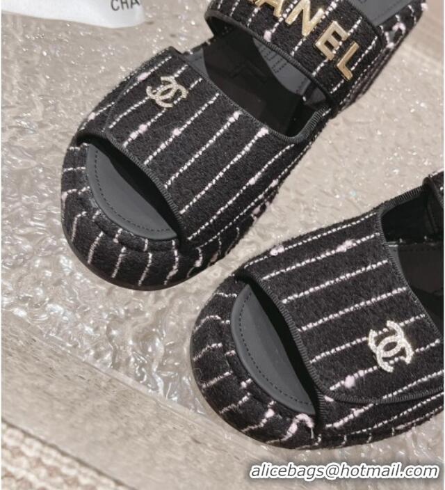 Durable Chanel Striped Tweed Platform Slide Sandals 7cm Black/White 524132