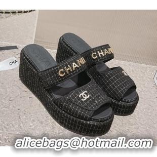 Grade Quality Chanel Tweed Platform Slide Sandals 7cm Black 524133