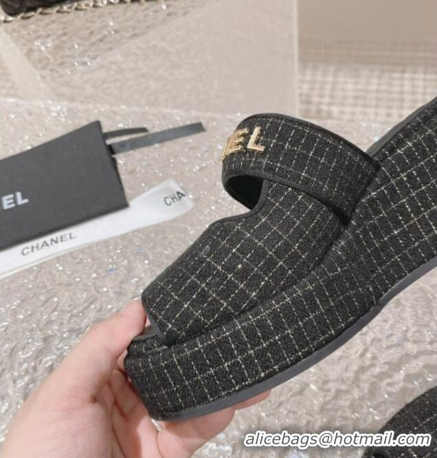 Grade Quality Chanel Tweed Platform Slide Sandals 7cm Black 524133