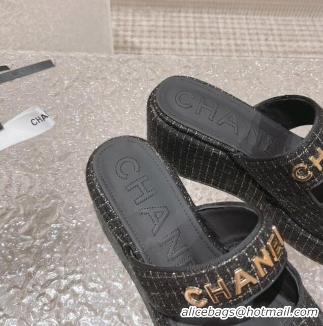 Grade Quality Chanel Tweed Platform Slide Sandals 7cm Black 524133