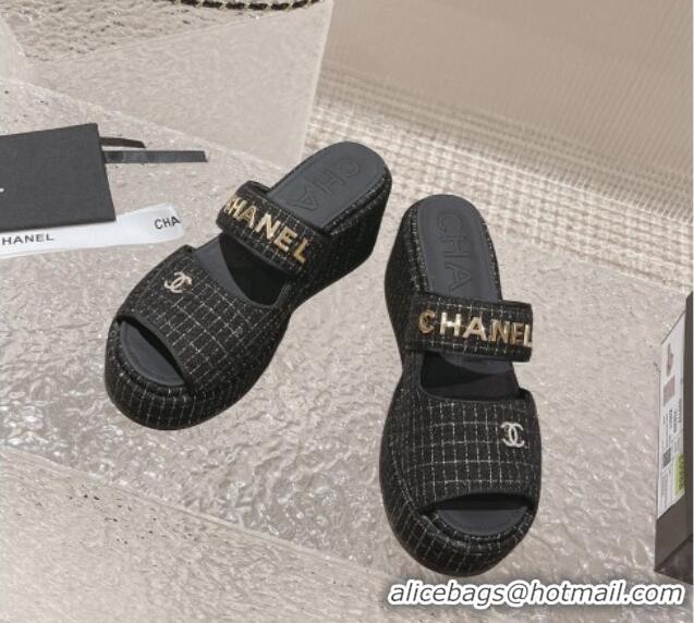 Grade Quality Chanel Tweed Platform Slide Sandals 7cm Black 524133