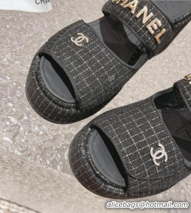 Grade Quality Chanel Tweed Platform Slide Sandals 7cm Black 524133