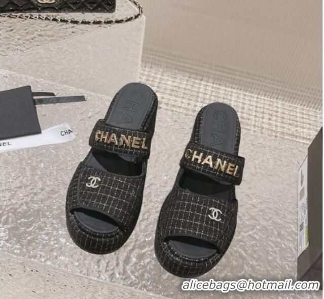 Grade Quality Chanel Tweed Platform Slide Sandals 7cm Black 524133