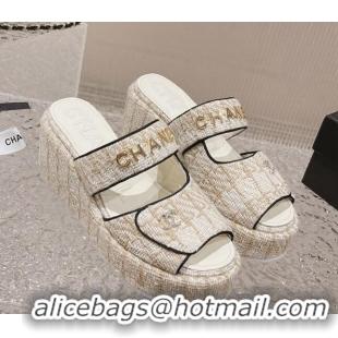 Good Quality Chanel Tweed Platform Slide Sandals 7cm Beige 524134