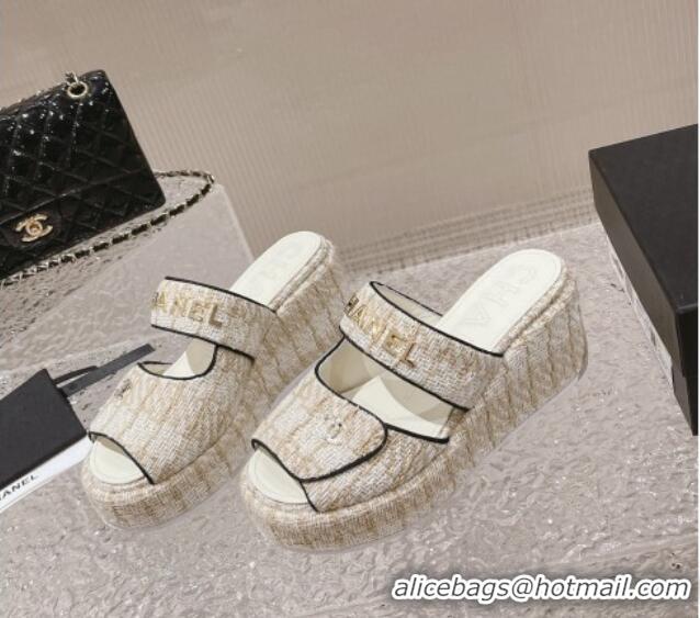 Good Quality Chanel Tweed Platform Slide Sandals 7cm Beige 524134