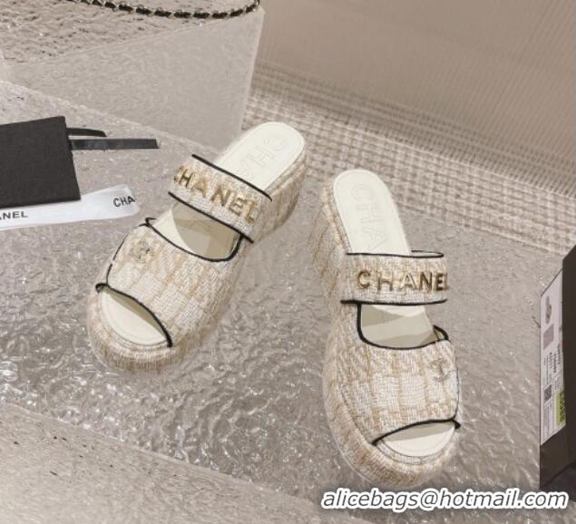 Good Quality Chanel Tweed Platform Slide Sandals 7cm Beige 524134