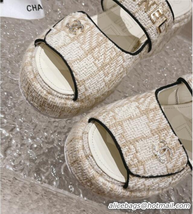 Good Quality Chanel Tweed Platform Slide Sandals 7cm Beige 524134