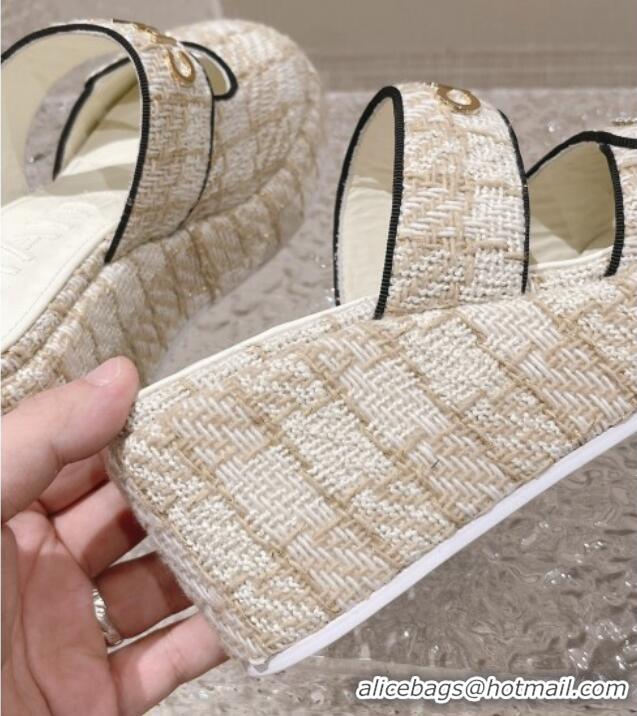 Good Quality Chanel Tweed Platform Slide Sandals 7cm Beige 524134