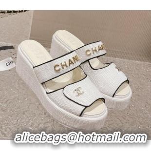 Pretty Style Chanel Tweed Platform Slide Sandals 7cm White 524135