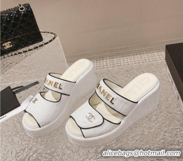 Pretty Style Chanel Tweed Platform Slide Sandals 7cm White 524135