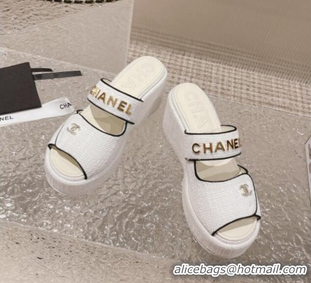 Pretty Style Chanel Tweed Platform Slide Sandals 7cm White 524135