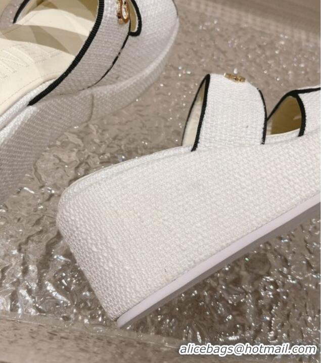 Pretty Style Chanel Tweed Platform Slide Sandals 7cm White 524135