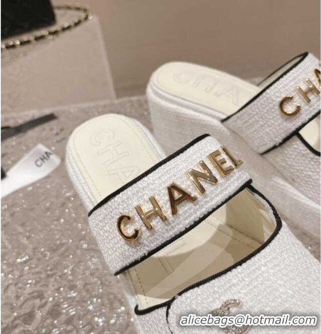 Pretty Style Chanel Tweed Platform Slide Sandals 7cm White 524135