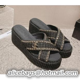 Best Product Chanel Tweed Platform Slide Sandals 7cm with Chain and CC Tag Black 525001