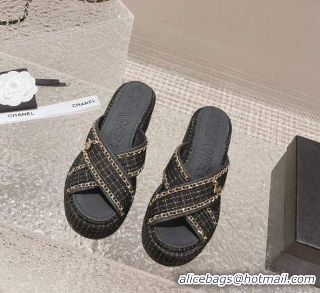 Best Product Chanel Tweed Platform Slide Sandals 7cm with Chain and CC Tag Black 525001