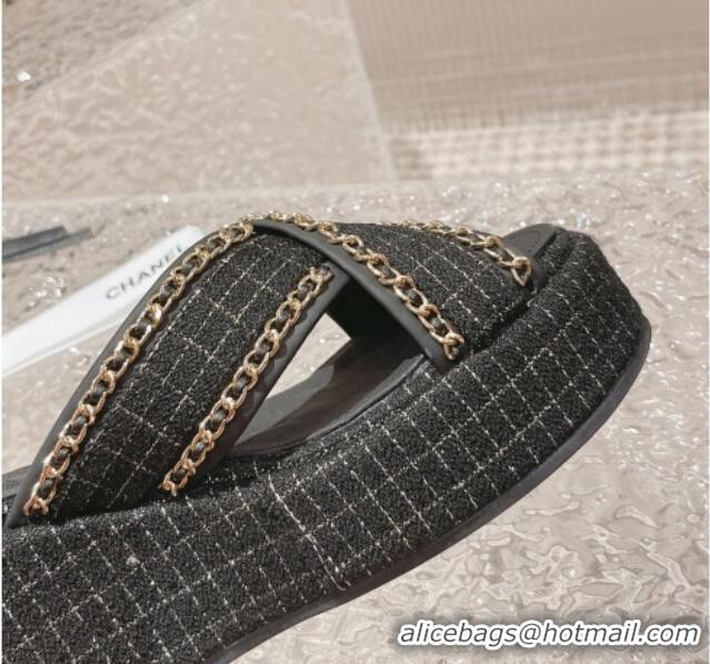 Best Product Chanel Tweed Platform Slide Sandals 7cm with Chain and CC Tag Black 525001