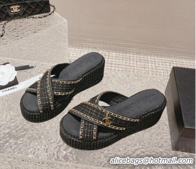 Best Product Chanel Tweed Platform Slide Sandals 7cm with Chain and CC Tag Black 525001