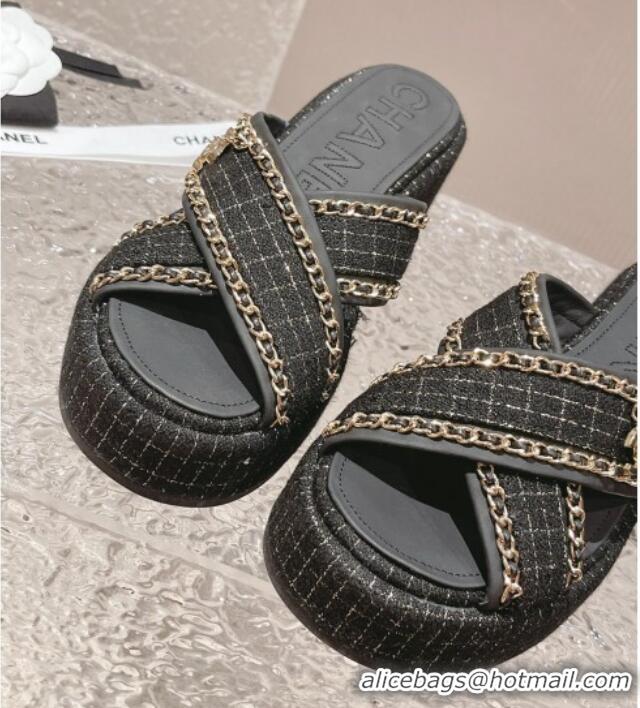 Best Product Chanel Tweed Platform Slide Sandals 7cm with Chain and CC Tag Black 525001