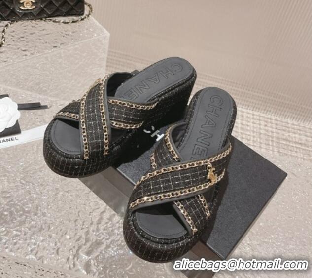 Best Product Chanel Tweed Platform Slide Sandals 7cm with Chain and CC Tag Black 525001