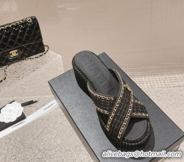 Best Product Chanel Tweed Platform Slide Sandals 7cm with Chain and CC Tag Black 525001