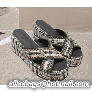 Top Design Chanel Tweed Platform Slide Sandals 7cm with Chain and CC Tag Black/White 525002