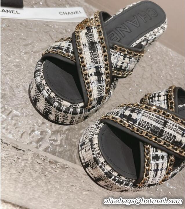 Top Design Chanel Tweed Platform Slide Sandals 7cm with Chain and CC Tag Black/White 525002