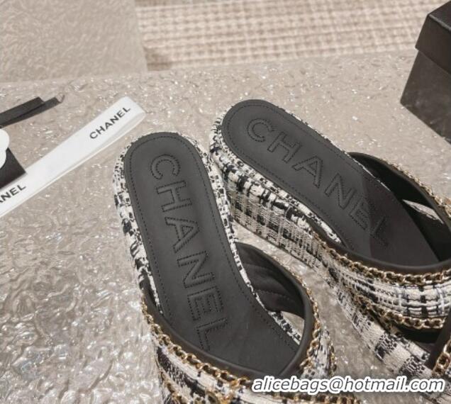 Top Design Chanel Tweed Platform Slide Sandals 7cm with Chain and CC Tag Black/White 525002