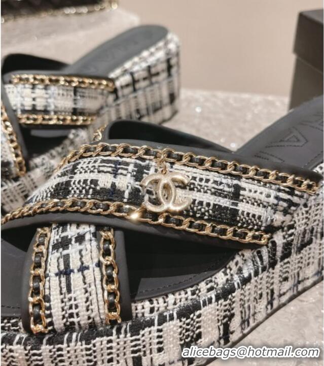 Top Design Chanel Tweed Platform Slide Sandals 7cm with Chain and CC Tag Black/White 525002