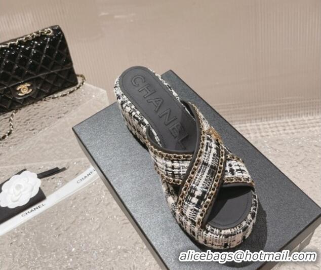 Top Design Chanel Tweed Platform Slide Sandals 7cm with Chain and CC Tag Black/White 525002