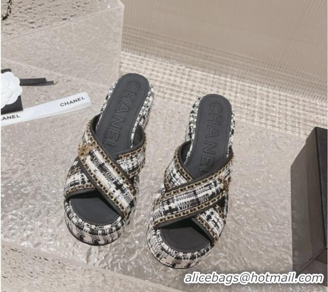 Top Design Chanel Tweed Platform Slide Sandals 7cm with Chain and CC Tag Black/White 525002