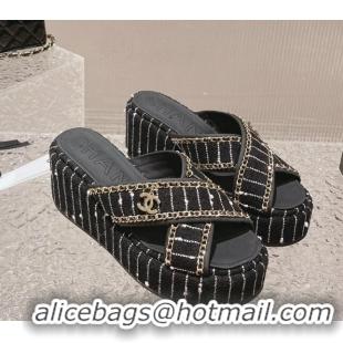 Shop Duplicate Chanel Striped Tweed Platform Slide Sandals 7cm with Chain and CC Tag Black/White 525003