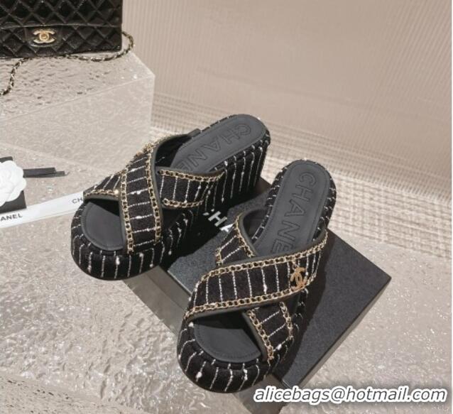 Shop Duplicate Chanel Striped Tweed Platform Slide Sandals 7cm with Chain and CC Tag Black/White 525003