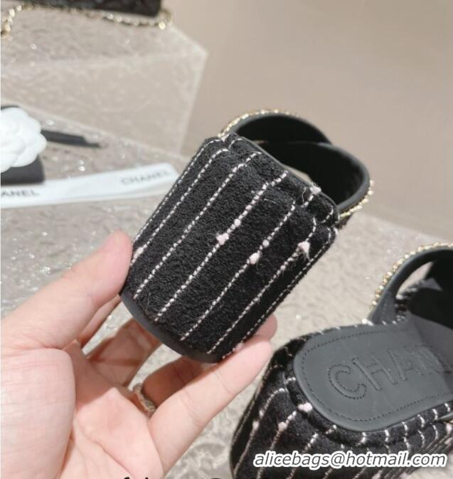 Shop Duplicate Chanel Striped Tweed Platform Slide Sandals 7cm with Chain and CC Tag Black/White 525003