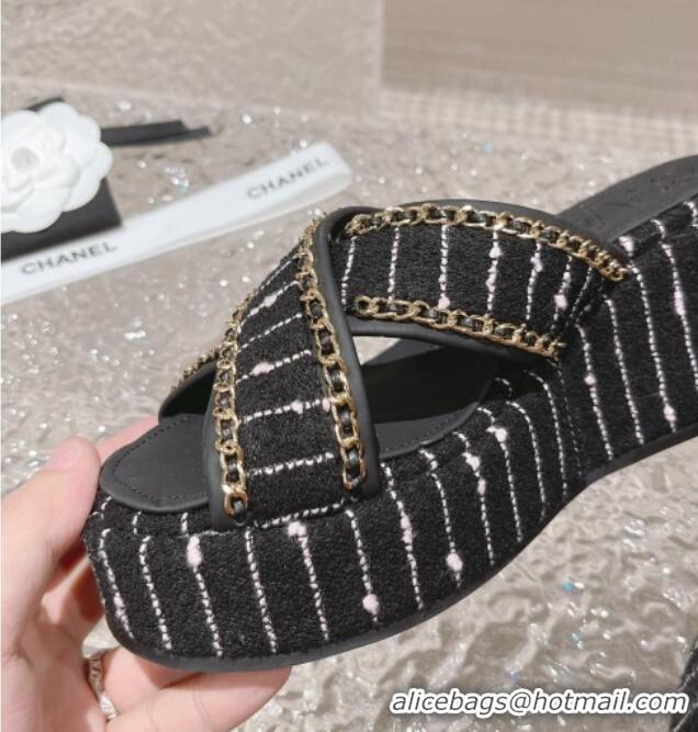 Shop Duplicate Chanel Striped Tweed Platform Slide Sandals 7cm with Chain and CC Tag Black/White 525003