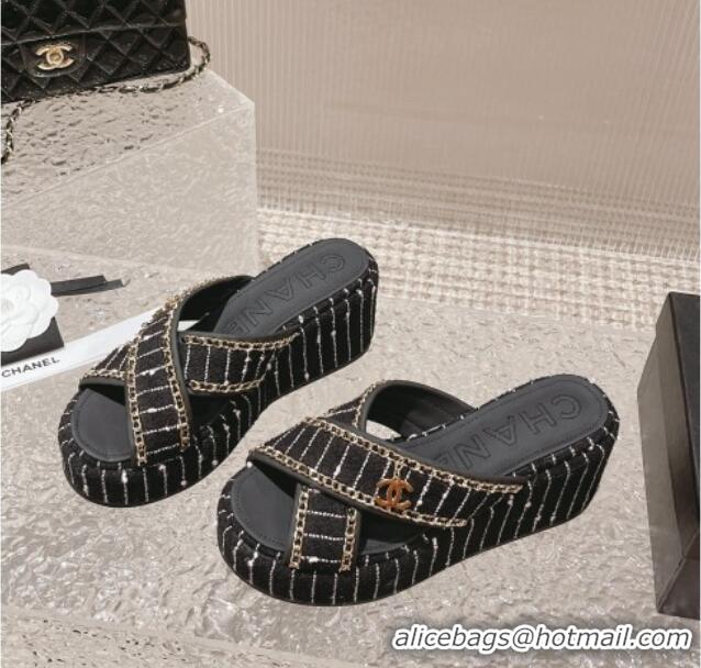 Shop Duplicate Chanel Striped Tweed Platform Slide Sandals 7cm with Chain and CC Tag Black/White 525003