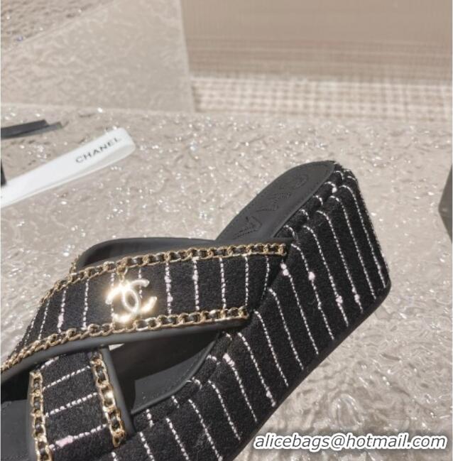 Shop Duplicate Chanel Striped Tweed Platform Slide Sandals 7cm with Chain and CC Tag Black/White 525003