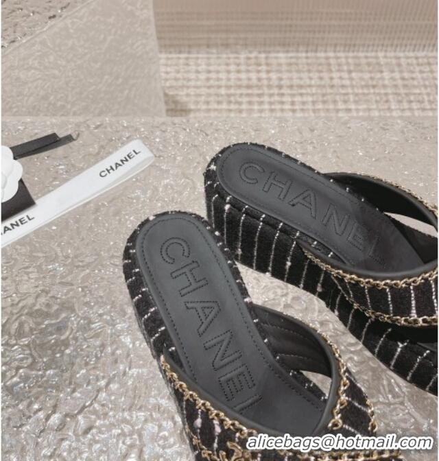 Shop Duplicate Chanel Striped Tweed Platform Slide Sandals 7cm with Chain and CC Tag Black/White 525003