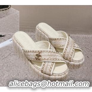 Good Looking Chanel Tweed Platform Slide Sandals 7cm with Chain and CC Tag Beige 525004